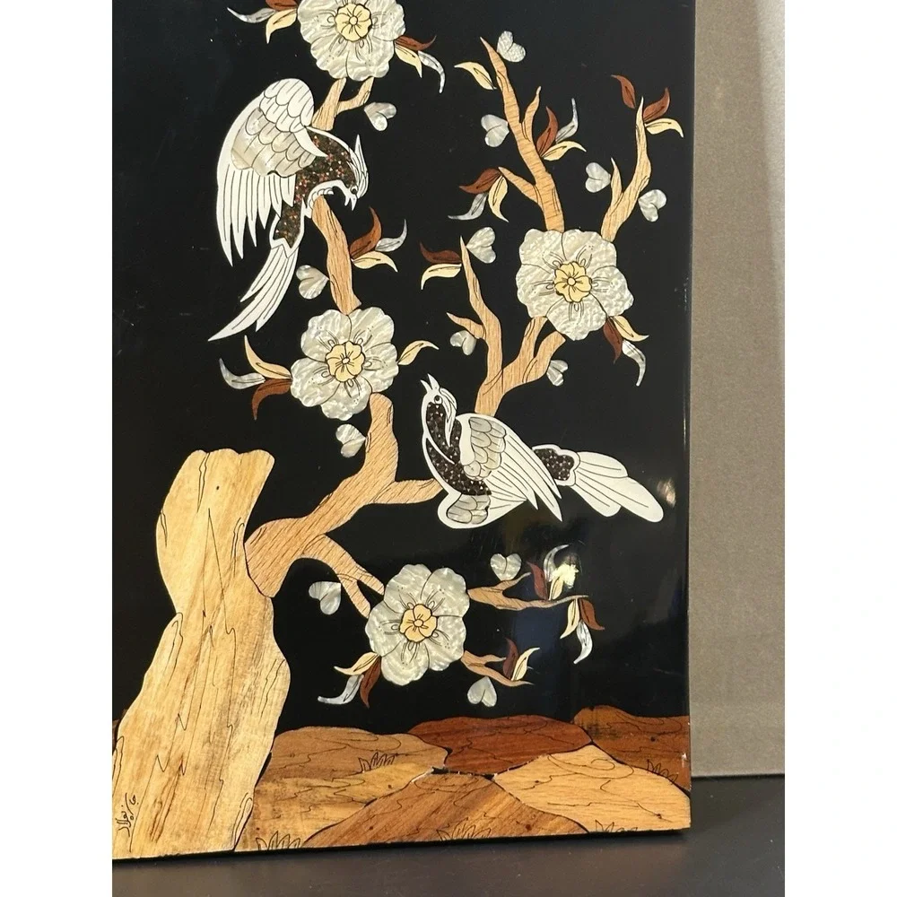 wall décor Signed mother of pearl and‎ wood inlaid picture of birds